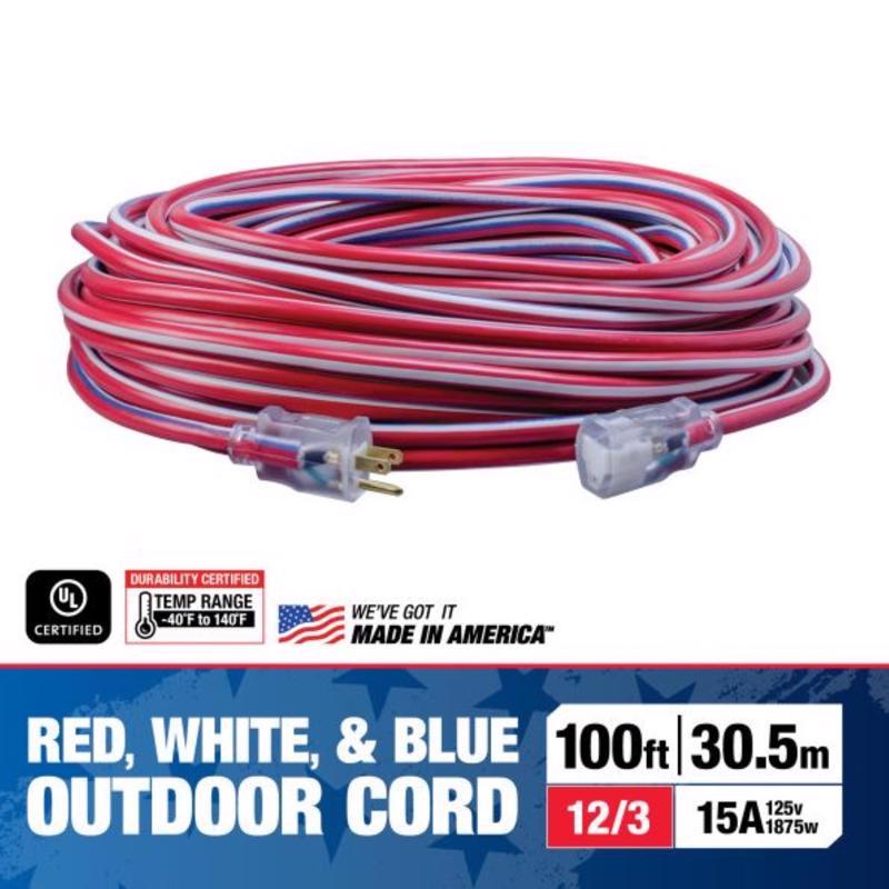 Southwire Wounded Warrior Project Outdoor 100 ft. L Blue/Red/White Extension Cord 12/3