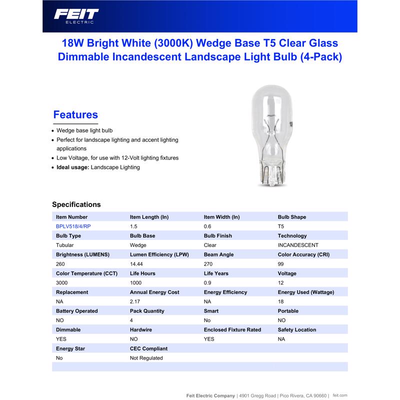 Feit 18 W T5 Landscape and Low Voltage Incandescent Bulb Wedge Soft White 4 pk