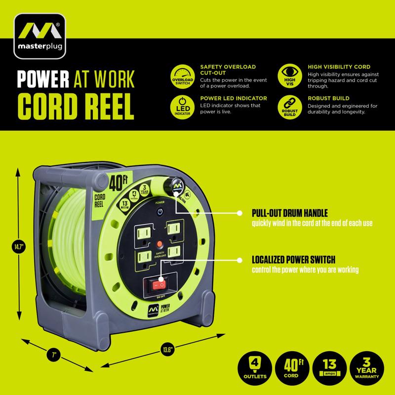 Masterplug 40 ft. L PVC Cord Reel