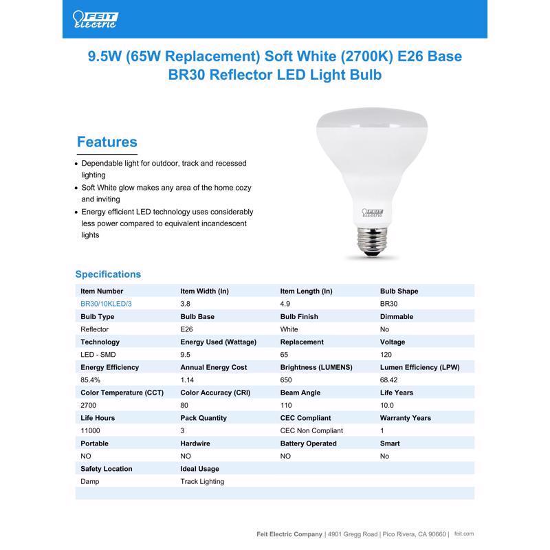 Feit BR30 E26 (Medium) LED Bulb Soft White 65 Watt Equivalence 3 pk