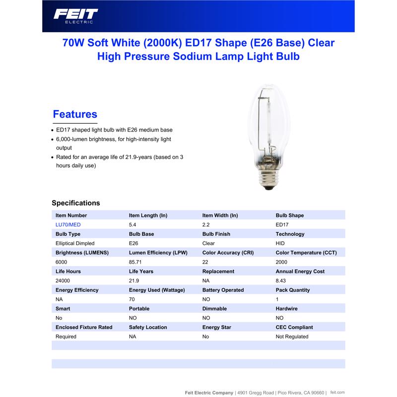 Feit 70 W ED17 HID Bulb 6000 lm Soft White High Pressure Sodium