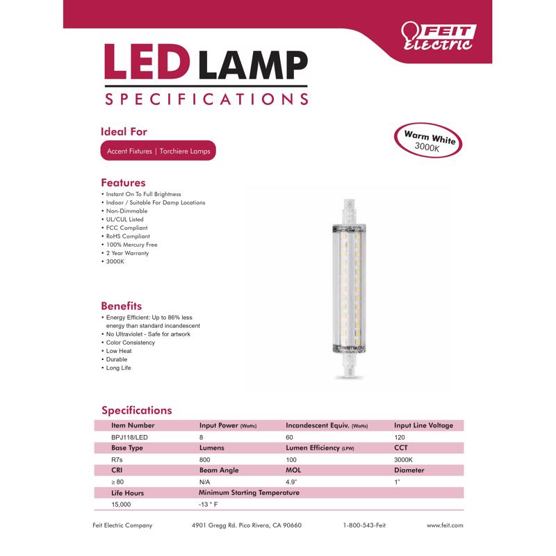 Feit R7S R7 LED Bulb Bright White 60 Watt Equivalence