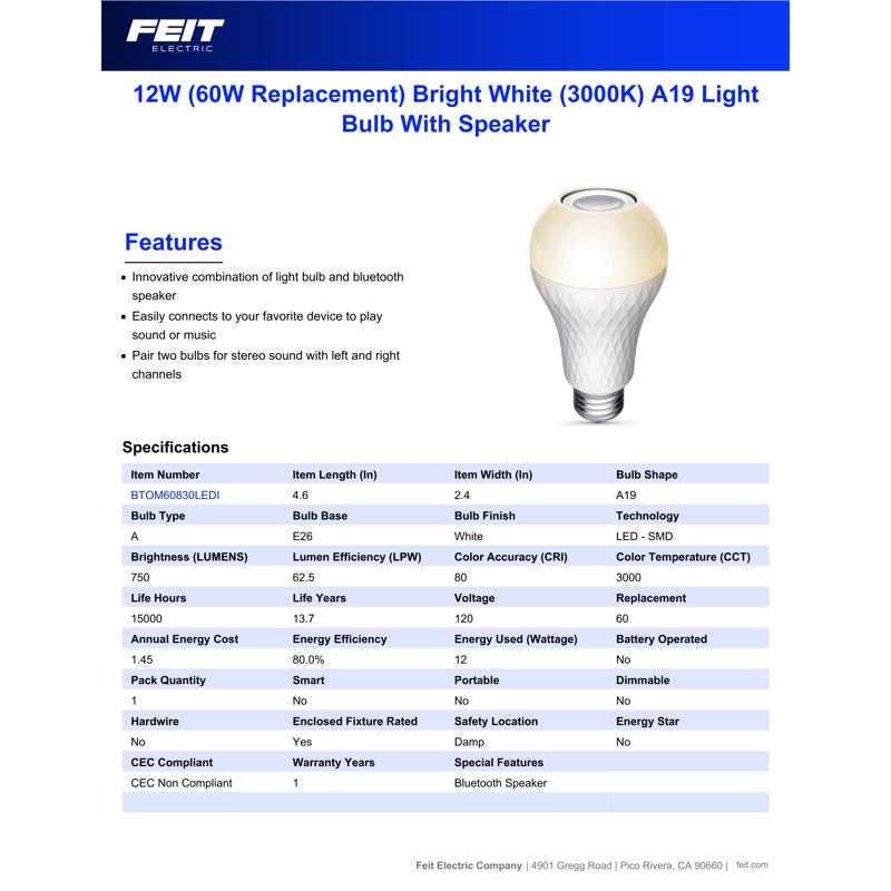 Feit A19 E26 (Medium) LED Speaker Bulb Bright White 60 Watt Equivalence