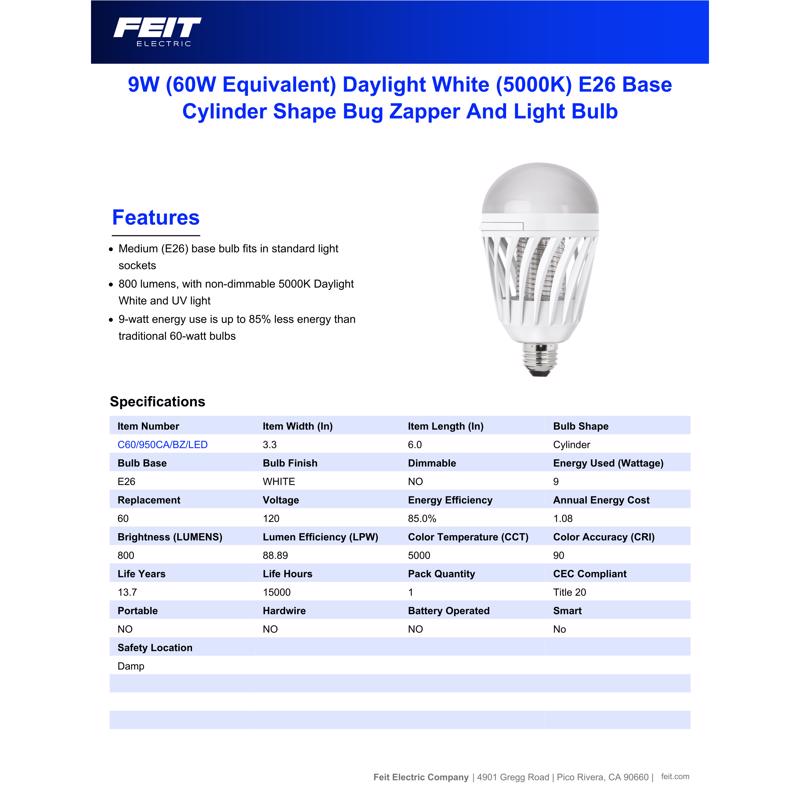 Feit A19 E26 (Medium) LED Bug Zapper Bulb Daylight 60 Watt Equivalence
