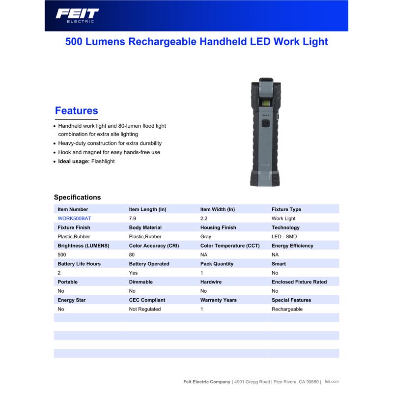 Feit 500 lm LED Rechargeable Handheld Work Light w/Magnet