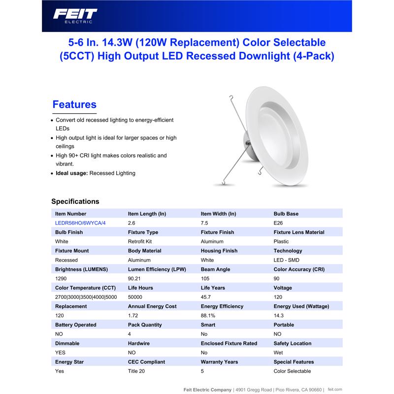 Feit Enhance Frost White 7.5 in. W Aluminum LED Dimmable Recessed Downlight 14.3 W
