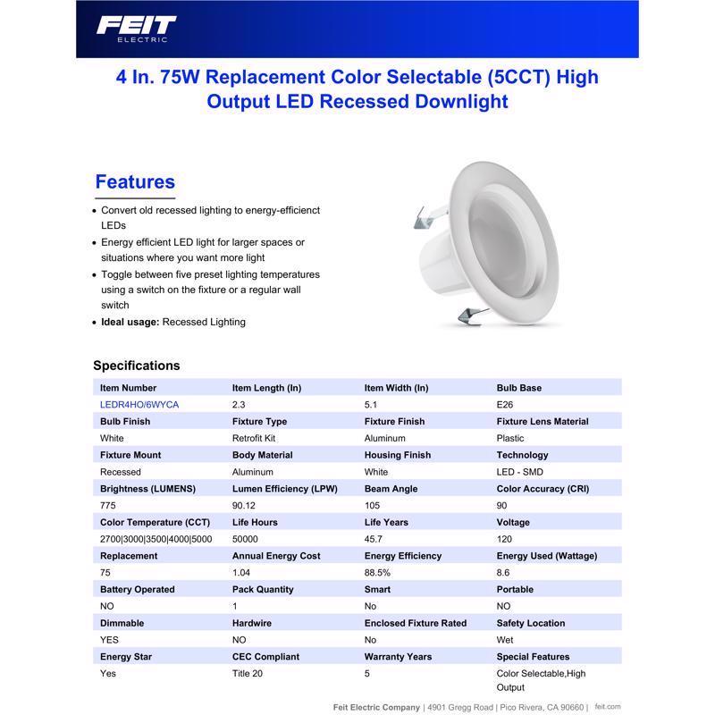 Feit Enhance Frost White 5.1 in. W Aluminum LED Dimmable Recessed Downlight 8.6 W