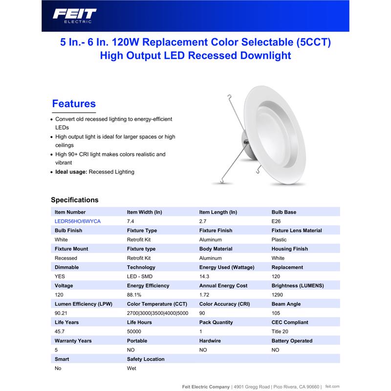 Feit Enhance White 7.4 in. W Aluminum LED Dimmable Recessed Downlight 14.3 W