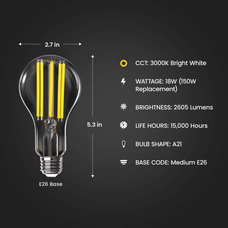 Feit A21 E26 (Medium) Filament LED Bulb Bright White 150 Watt Equivalence