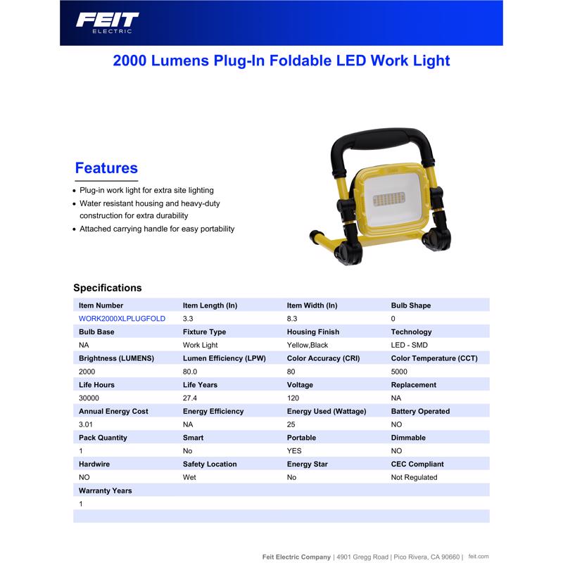 Feit Pro Series 2000 lm LED Corded Stand (H or Scissor) Work Light