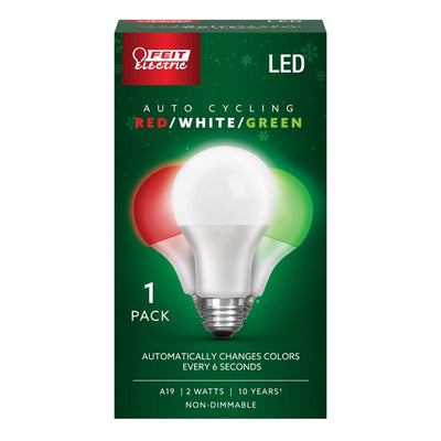 Feit A19 E26 (Medium) Auto Cycling LED Bulb Green/Red/White 2 Watt Equivalence