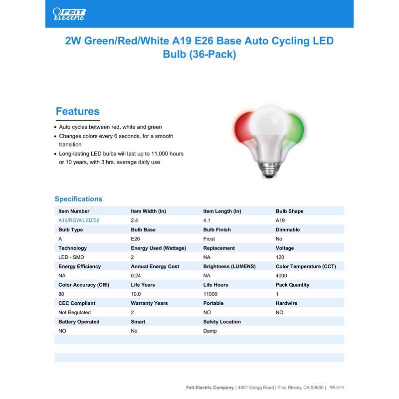 Feit A19 E26 (Medium) Auto Cycling LED Bulb Green/Red/White 2 Watt Equivalence