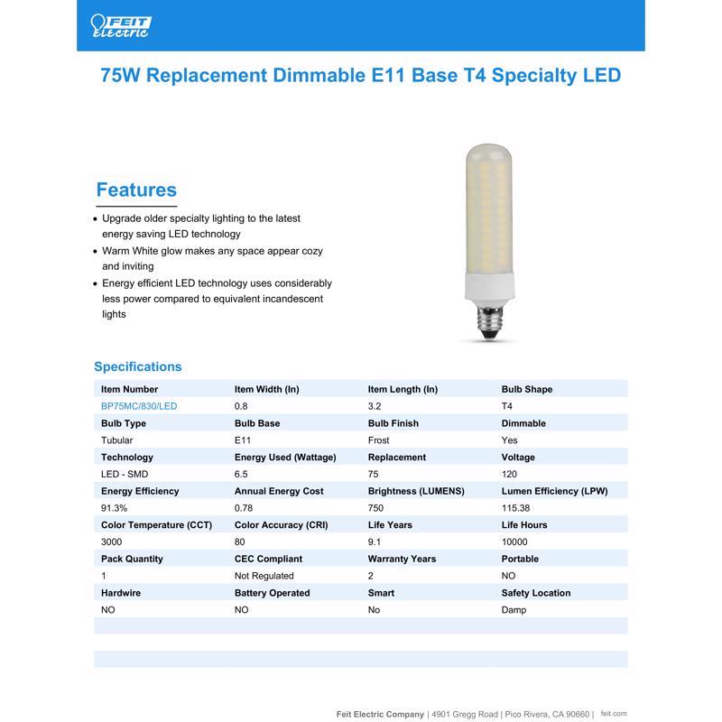 Feit T4 E11 LED Bulb Bright White 75 Watt Equivalence
