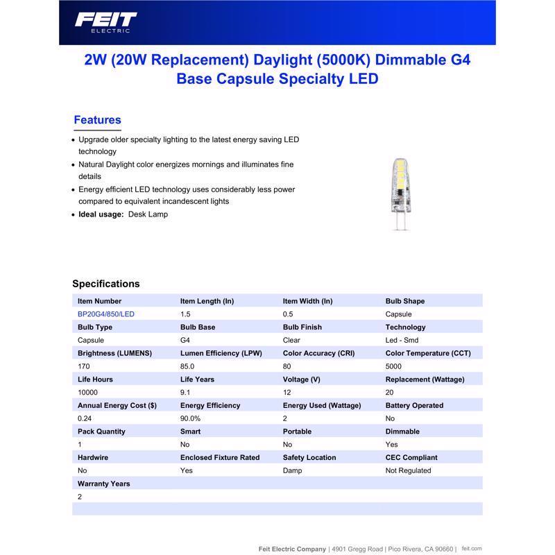 Feit T4 G4 LED Bulb Daylight 20 Watt Equivalence