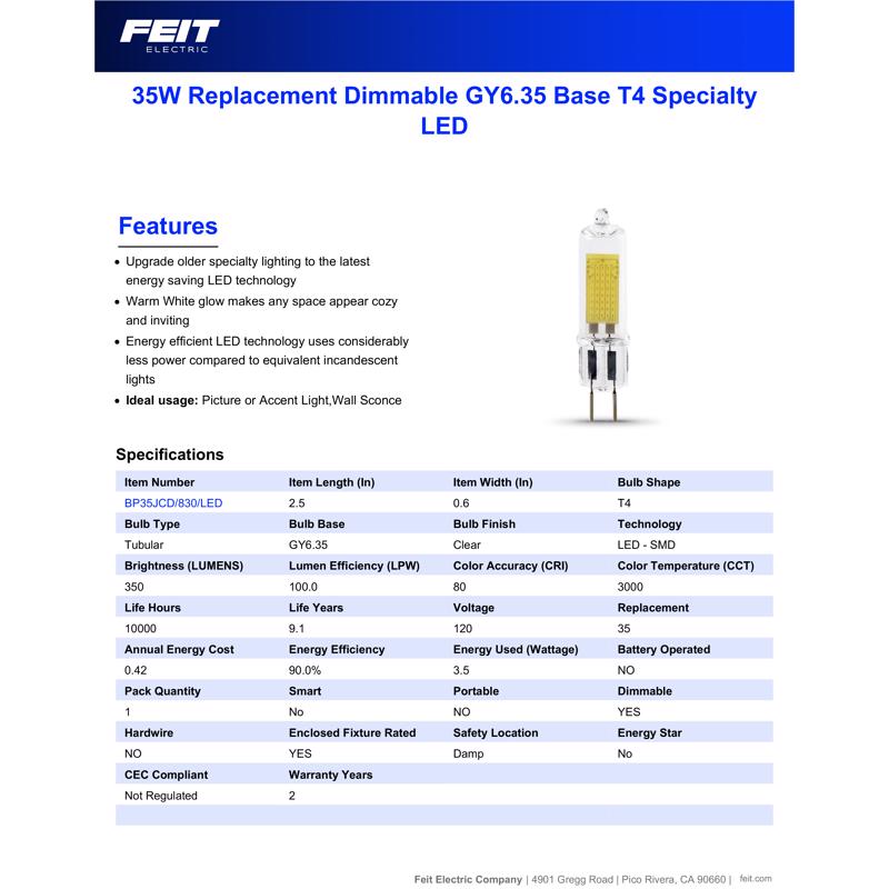 Feit T4 GY6.35 LED Bulb Bright White 35 Watt Equivalence