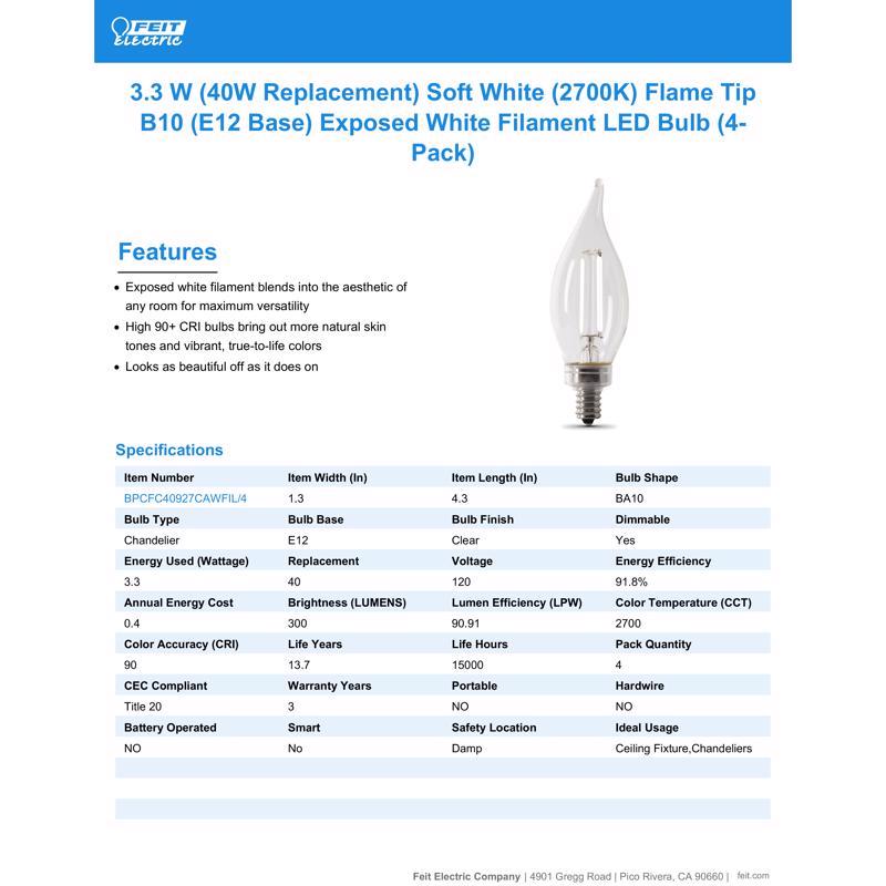 Feit White BA10 E12 (Candelabra) Filament LED Bulb Soft White 60 Watt Equivalence 2 pk