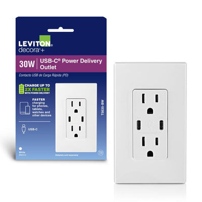 Leviton Decora 15 amps 125 V Duplex and Type C White Outlet and USB Charger 5-15R