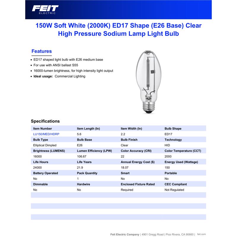 Feit 150 W ED17 HID Bulb 16000 lm Soft White High Pressure Sodium