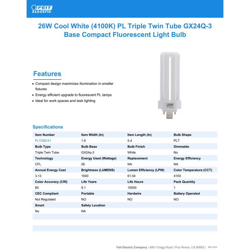Feit CFL 26 W PL 2.1 in. D X 5.2 in. L Fluorescent Bulb Cool White Tubular 4100 K