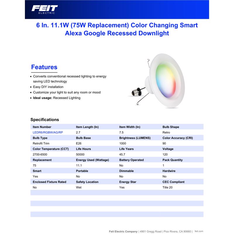 Feit Smart Home Frost White 6 in. W Aluminum LED Smart-Enabled Dimmable Recessed Downlight 11.1 W