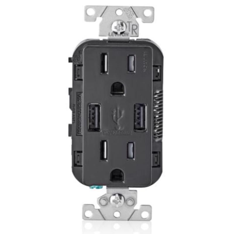 Leviton Decora 15 amps 125 V Duplex Black Outlet and USB Charger 5-15R