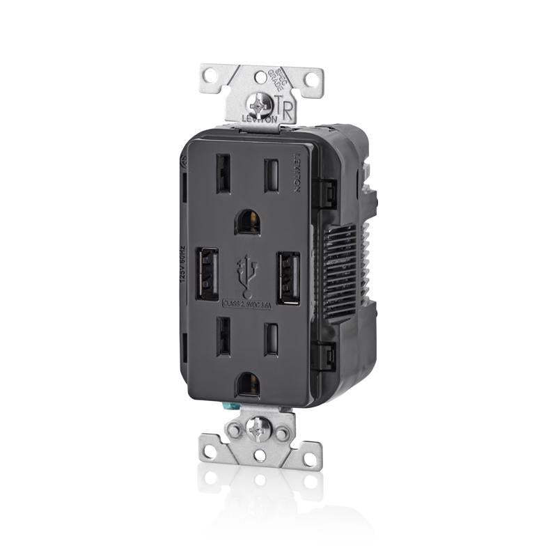 Leviton Decora 15 amps 125 V Duplex Black Outlet and USB Charger 5-15R