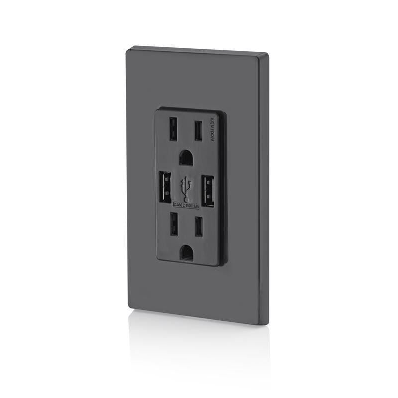 Leviton Decora 15 amps 125 V Duplex Black Outlet and USB Charger 5-15R