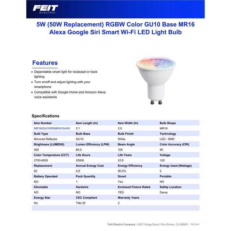 Feit Smart Home MR16 GU10 Smart-Enabled LED Bulb Color Changing 50 Watt Equivalence