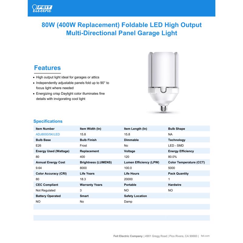 Feit Folding Panel E26 (Medium) LED Garage Bulb Daylight 400 Watt Equivalence