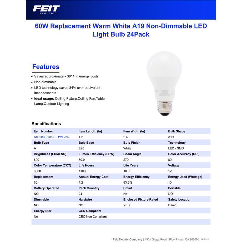 Feit A19 E26 (Medium) LED Bulb Soft White 60 Watt Equivalence 24 pk