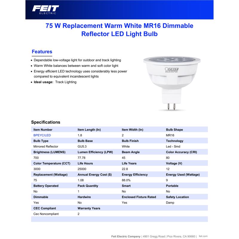 Feit MR16 GU5.3 LED Bulb Bright White 75 Watt Equivalence