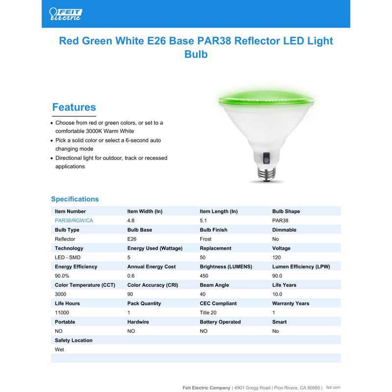 Feit PAR38 E26 (Medium) LED Bulb Color Changing 6 Watt Equivalence