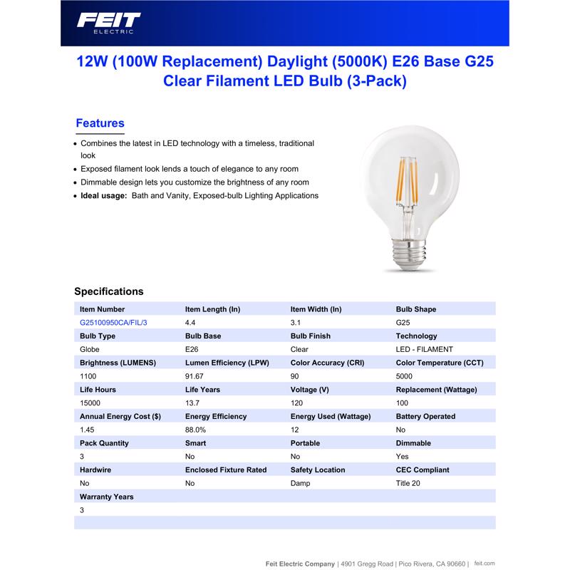 Feit G25 E26 (Medium) Filament LED Bulb Daylight 100 Watt Equivalence 3 pk