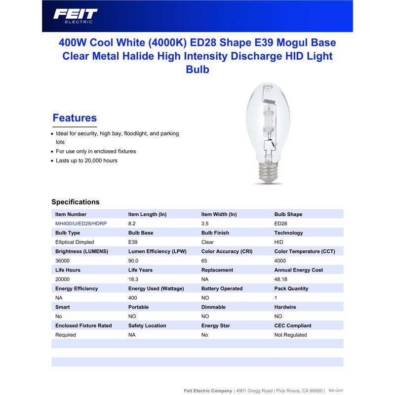 Feit 400 W ED28 HID Bulb 36000 lm Bright White Metal Halide