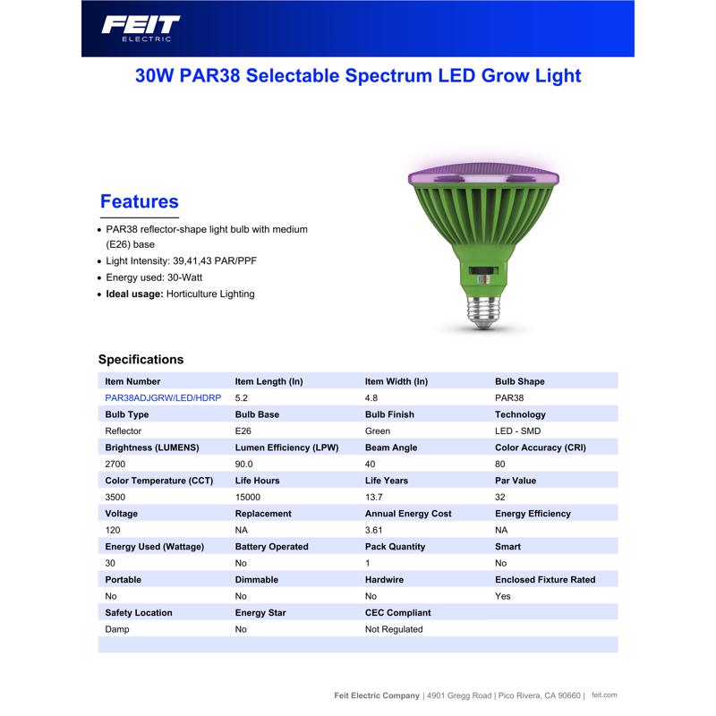 Feit PAR38 E26 (Medium) LED Grow Light Clear 30 Watt Equivalence