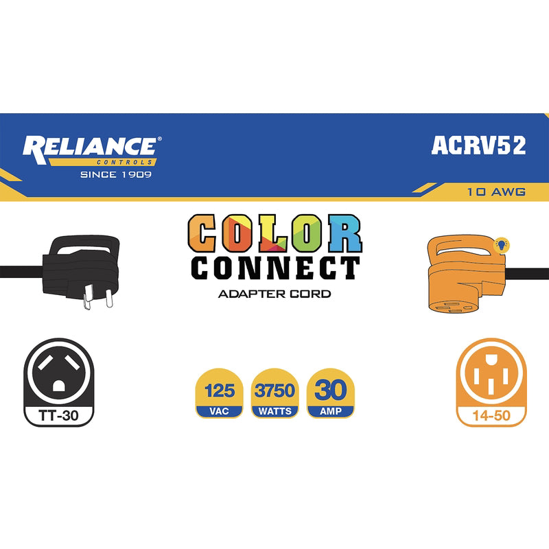 Reliance Controls Color Connect 10/3 SJTW 120 V 12 in. L Adapter Cord