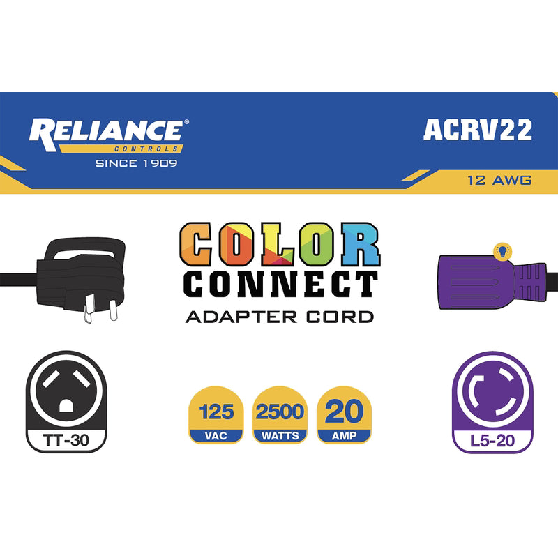 Reliance Controls Color Connect 12/3 SJTW 120 V 12 in. L Adapter Cord