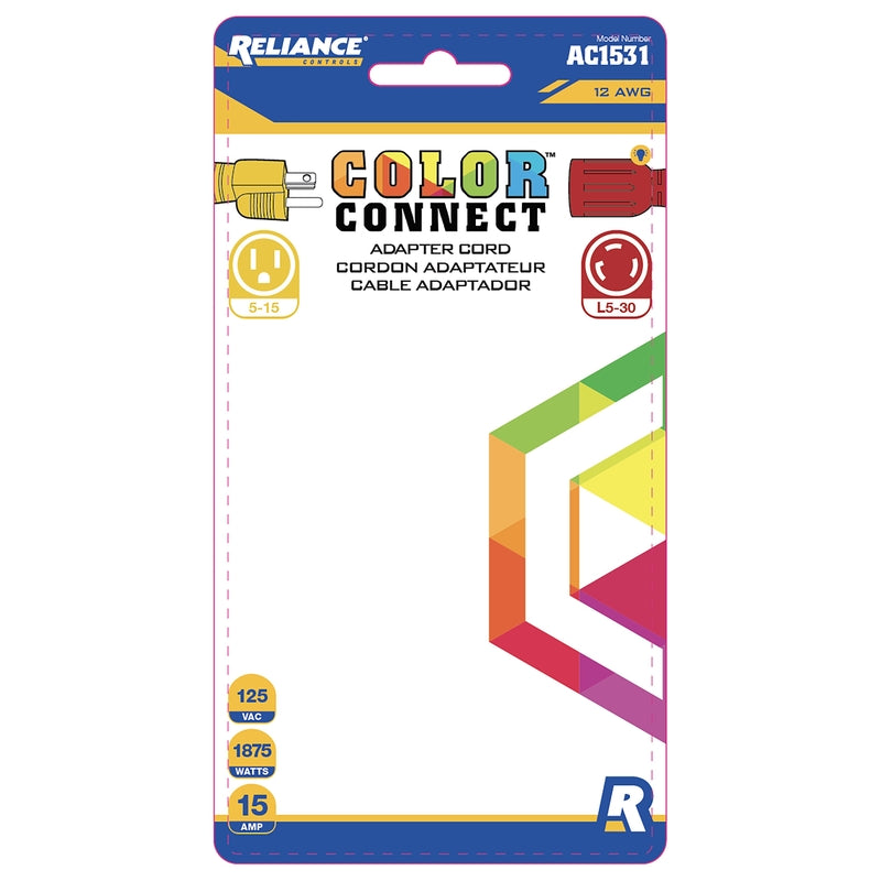 Reliance Controls Color Connect 12/3 SJTW 120 V 12 in. L Adapter Cord