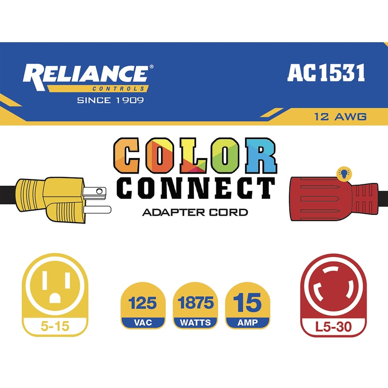 Reliance Controls Color Connect 12/3 SJTW 120 V 12 in. L Adapter Cord