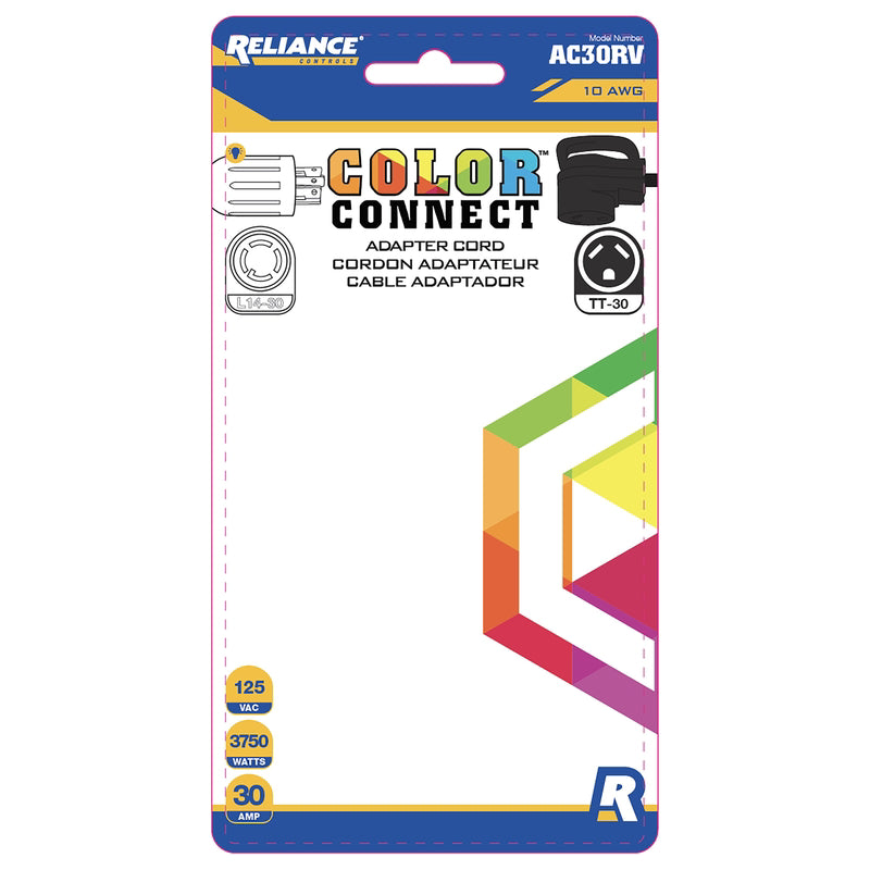 Reliance Controls Color Connect 10/3 SJTW 120 V 12 in. L Adapter Cord