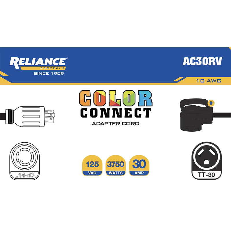 Reliance Controls Color Connect 10/3 SJTW 120 V 12 in. L Adapter Cord