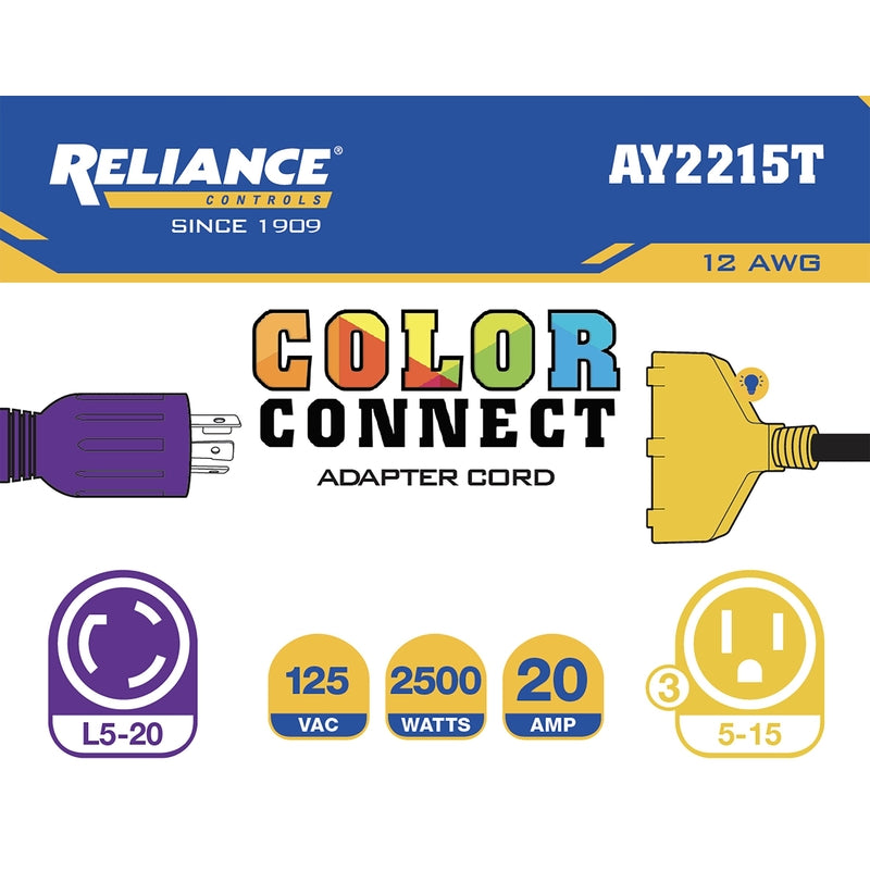 Reliance Controls Color Connect 12/3 SJTW 120 V 12 in. L Splitter Cord