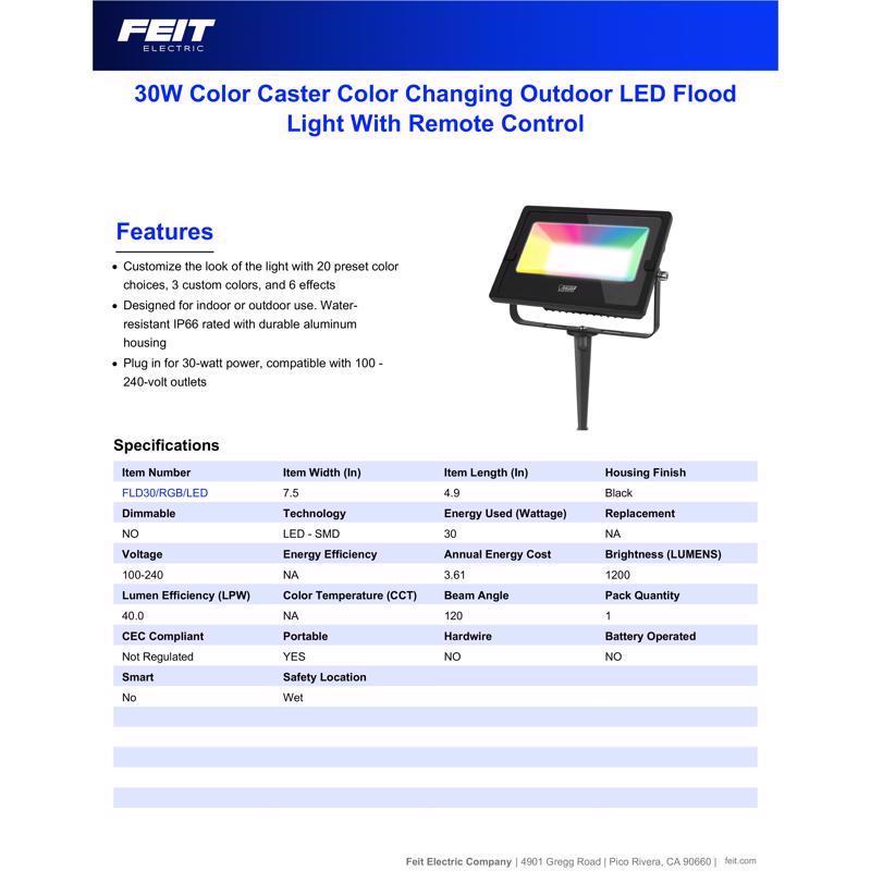 Feit Color Caster Black Plug In/Remote 30 W LED Floodlight