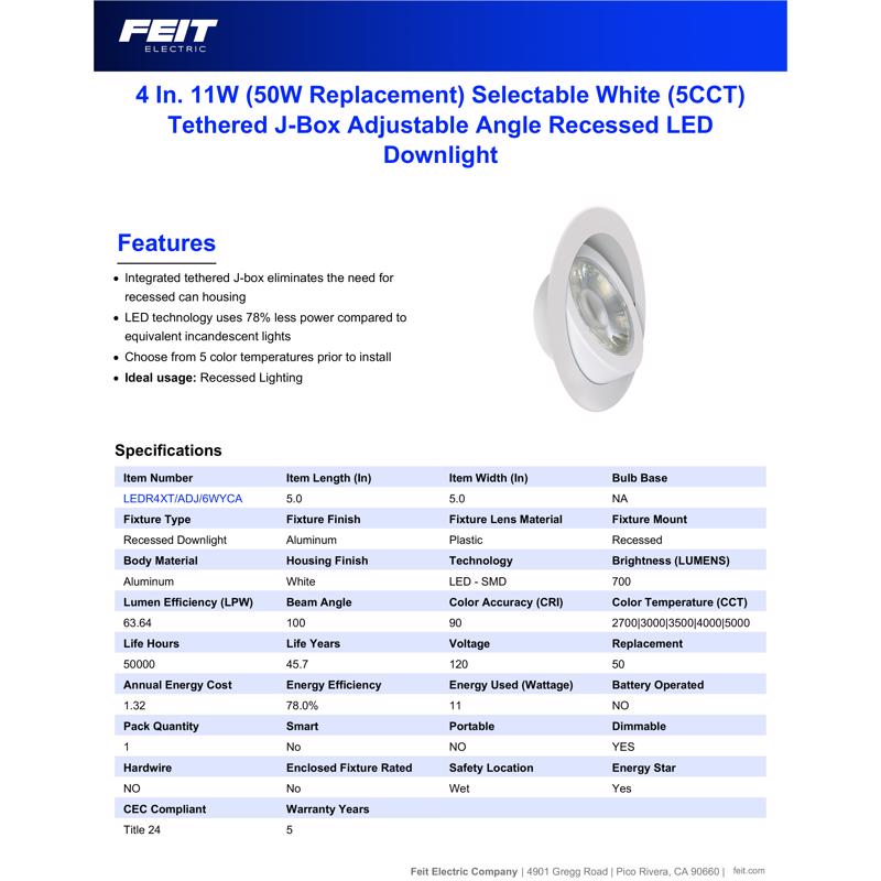 Feit White 5 in. W Aluminum LED Canless Recessed Downlight 11 W