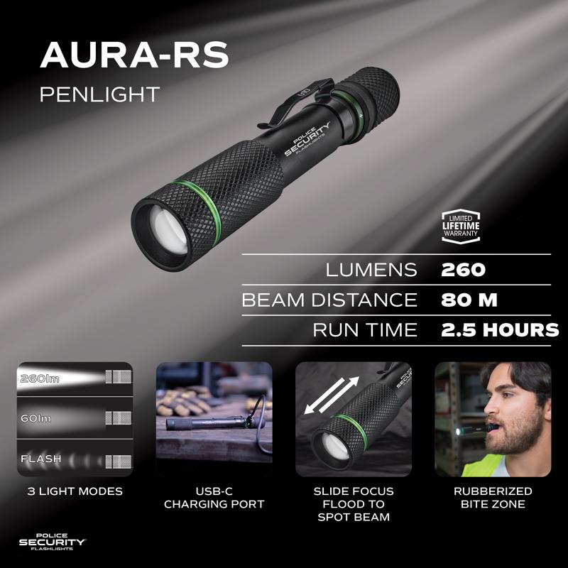 Police Security Aura-RS 260 lm Black LED Pen Light 10460 Battery