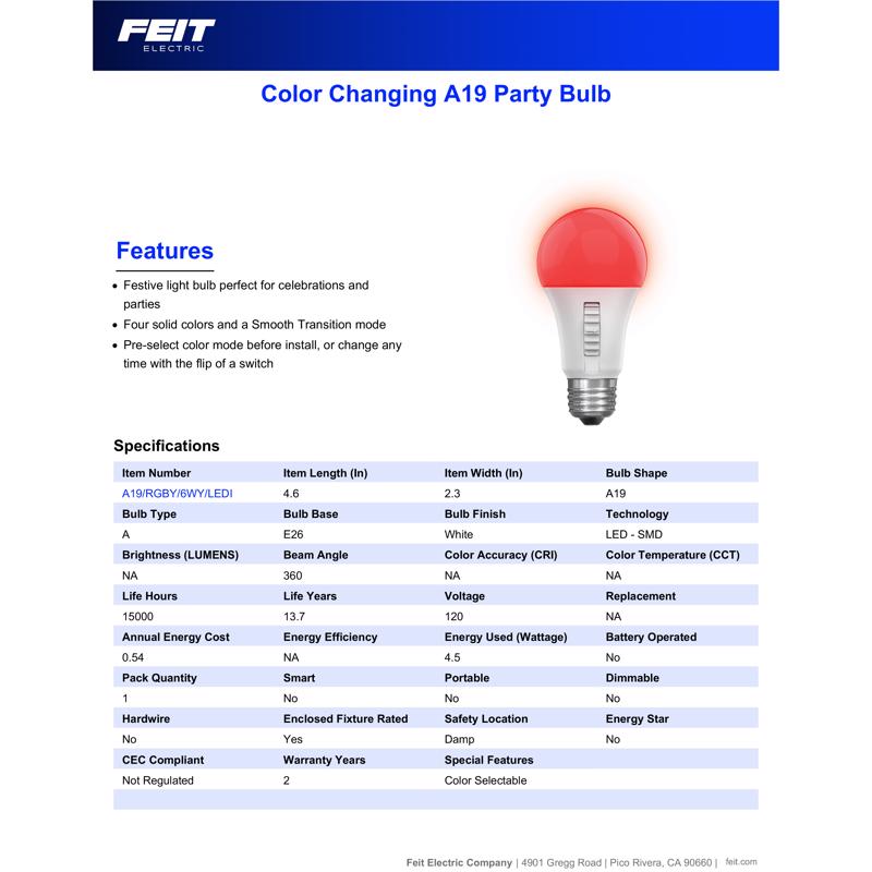 Feit A19 E26 (Medium) Party Bulb Color Changing 4.5 Watt Equivalence
