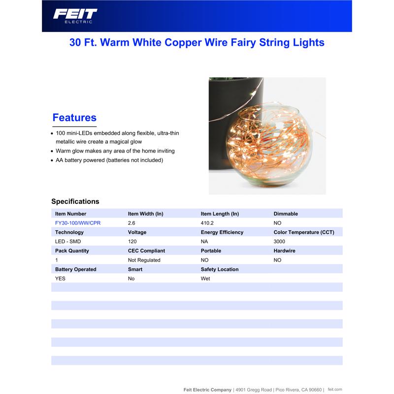 Feit LED Fairy String Lights Warm White 30 ft. 100 lights
