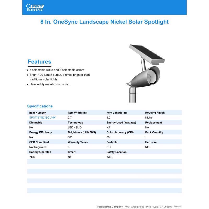Feit OneSync Brushed Nickel Solar Powered 1 W LED Spotlight