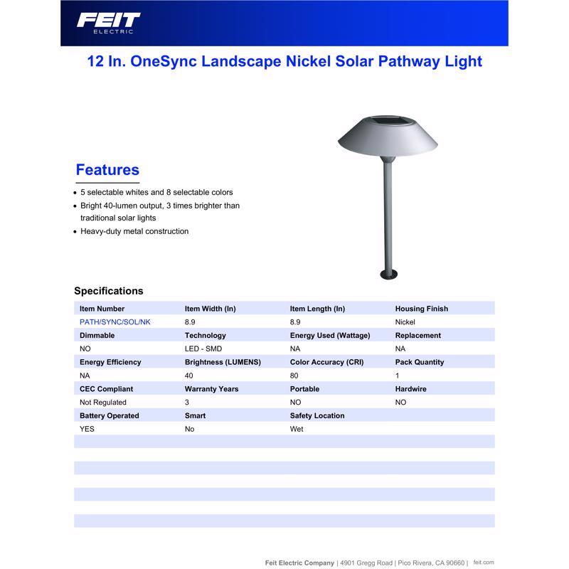 Feit OneSync Brushed Nickel Solar Powered 0.4 W LED Pathway Light