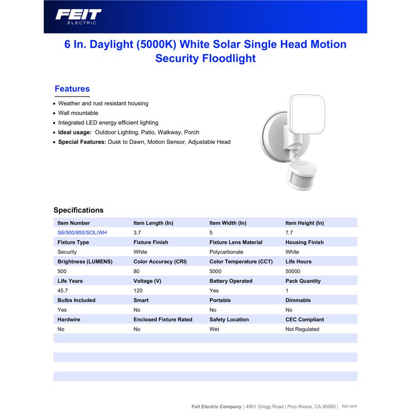 Feit LED Motion-Sensing Solar Powered LED White Security Floodlight